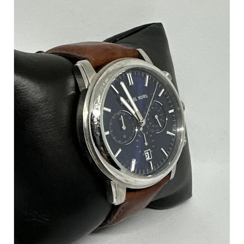 Michael Kors MK8429 Men Brown Leather Strap Analog Blue Dial Quartz Watch HME553